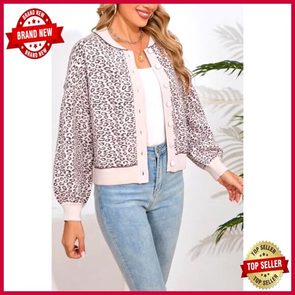 Leopard Print Cropped Cardigan Sweater Button Front Long Sleeve Crewneck Y2K - Picture 2 of 7